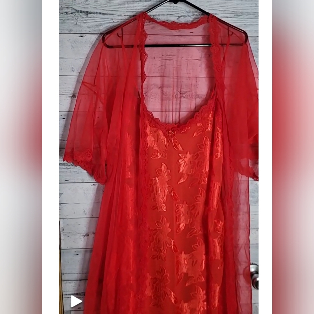Stunning Vintage Red Floral Sheer Lace Slip Dress with Sheer Robe Sz 1X